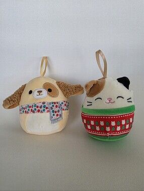 Squishmallows Kitty and Puppy Ornament with Festive Trim